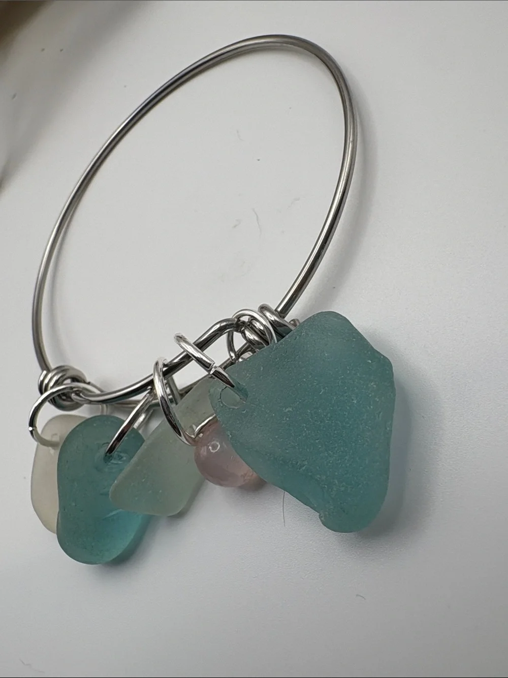 Sea Glass Charm Bangle Bracelet - Teal & Seafoam